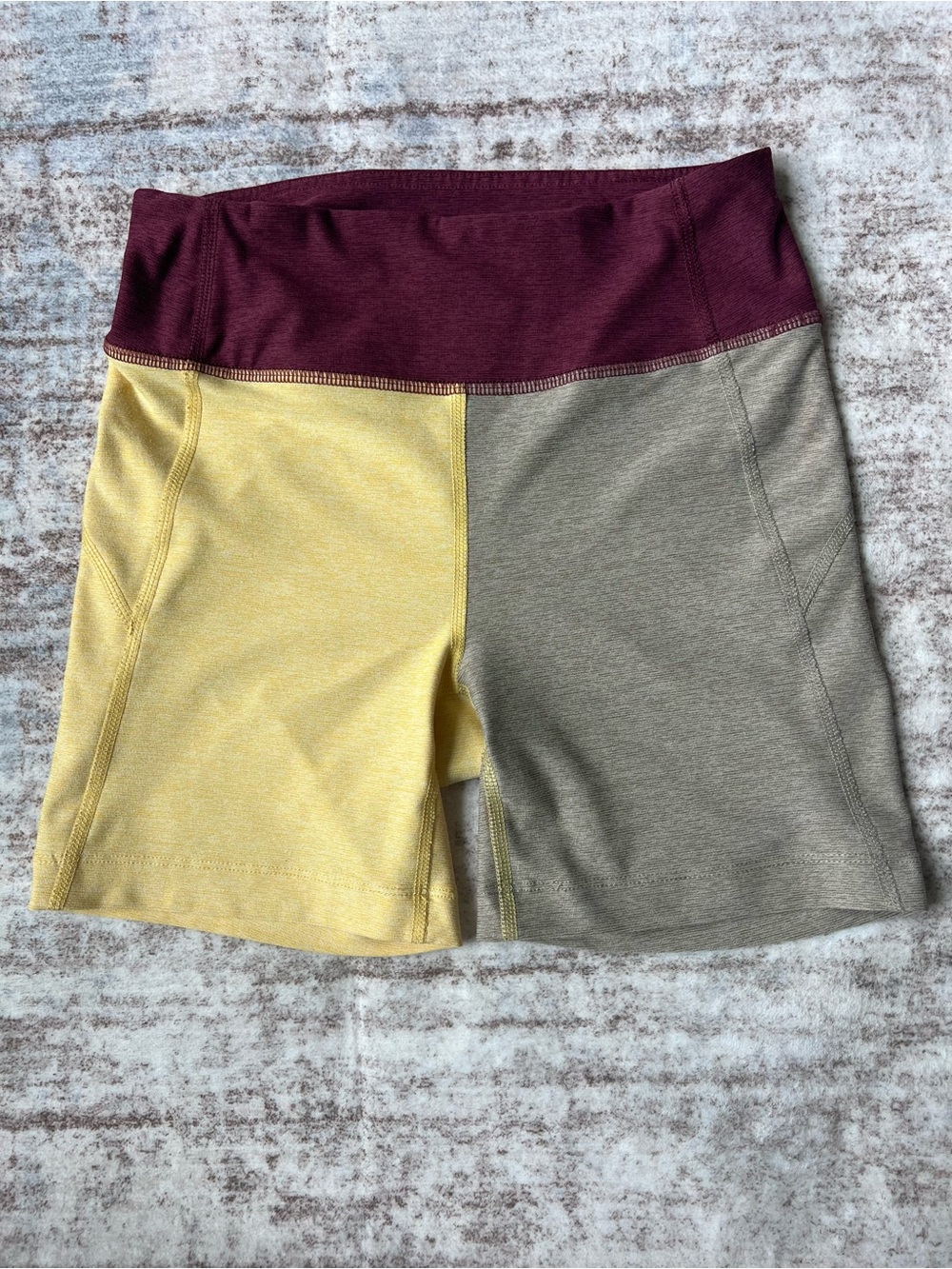 Outdoor Voices Colorblock Bike Shorts in Burgundy, Yellow & Olive